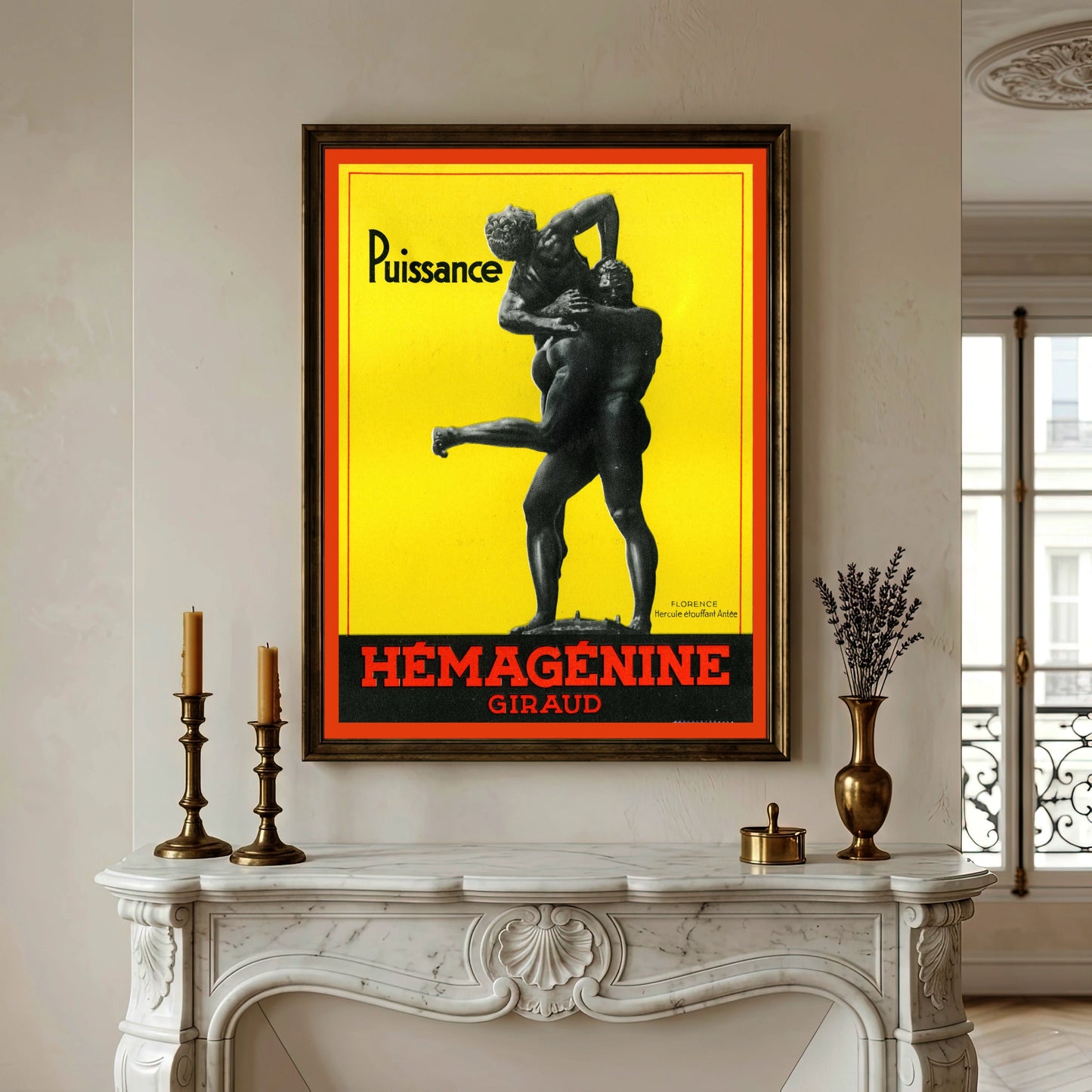 Vintage Werbeplakat Hémagénine Giraud mit schwarzer Herkules Skulptur auf gelbem Grund.