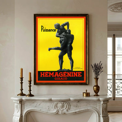 Vintage Werbeplakat Hémagénine Giraud mit schwarzer Herkules Skulptur auf gelbem Grund.
