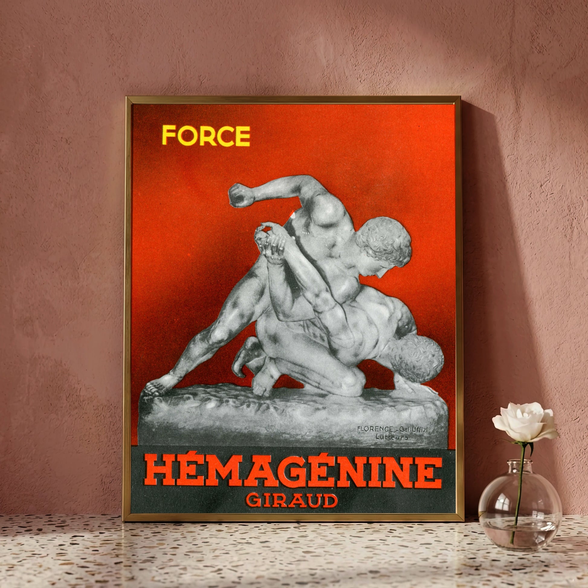 Vintage Werbeplakat für Hémagénine Giraud mit einer Fotografie der Ringer-Skulptur vor rotem Hintergrund.