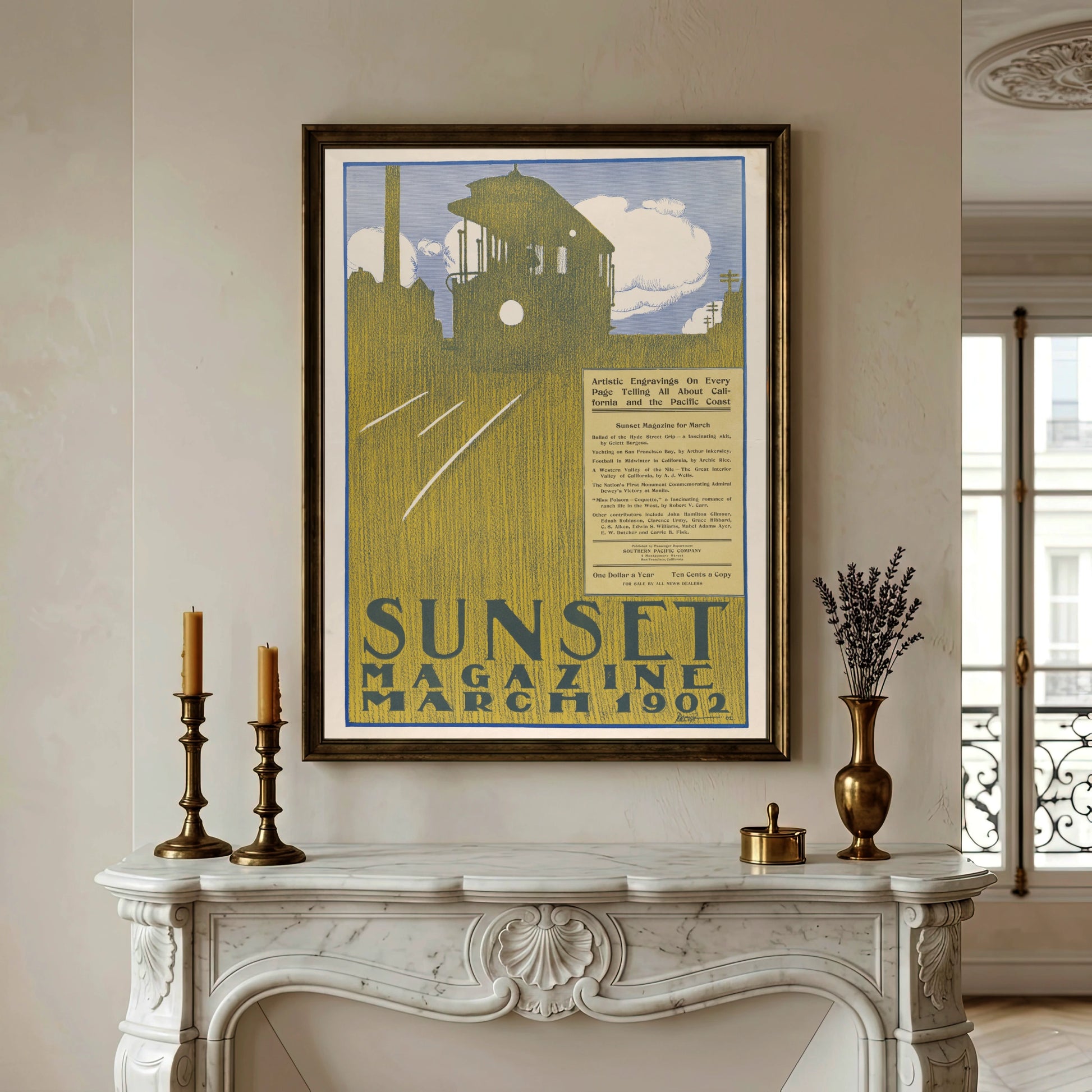 Vintage Cover des Sunset Magazine 1902 mit Silhouette einer Cable Car in San Francisco.
