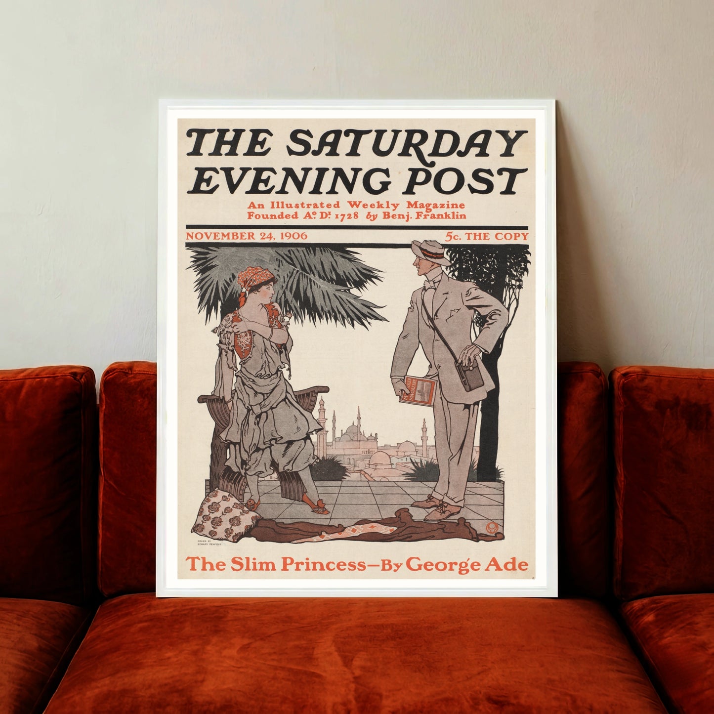 Illustriertes Cover der Saturday Evening Post vom 24. November 1906 von Edward Penfield mit Orient-Szene.