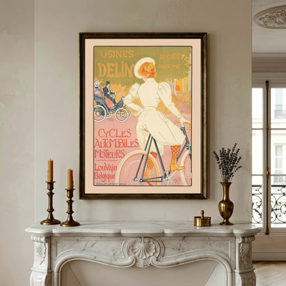 Vintage Poster Usines Delin von Georges Gaudy mit einer Frau auf einem Fahrrad.