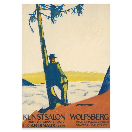 Wolfsberg Kunstsalon Plakat von Emil Cardinaux mit Figur am Baum vor heller Berglandschaft.
