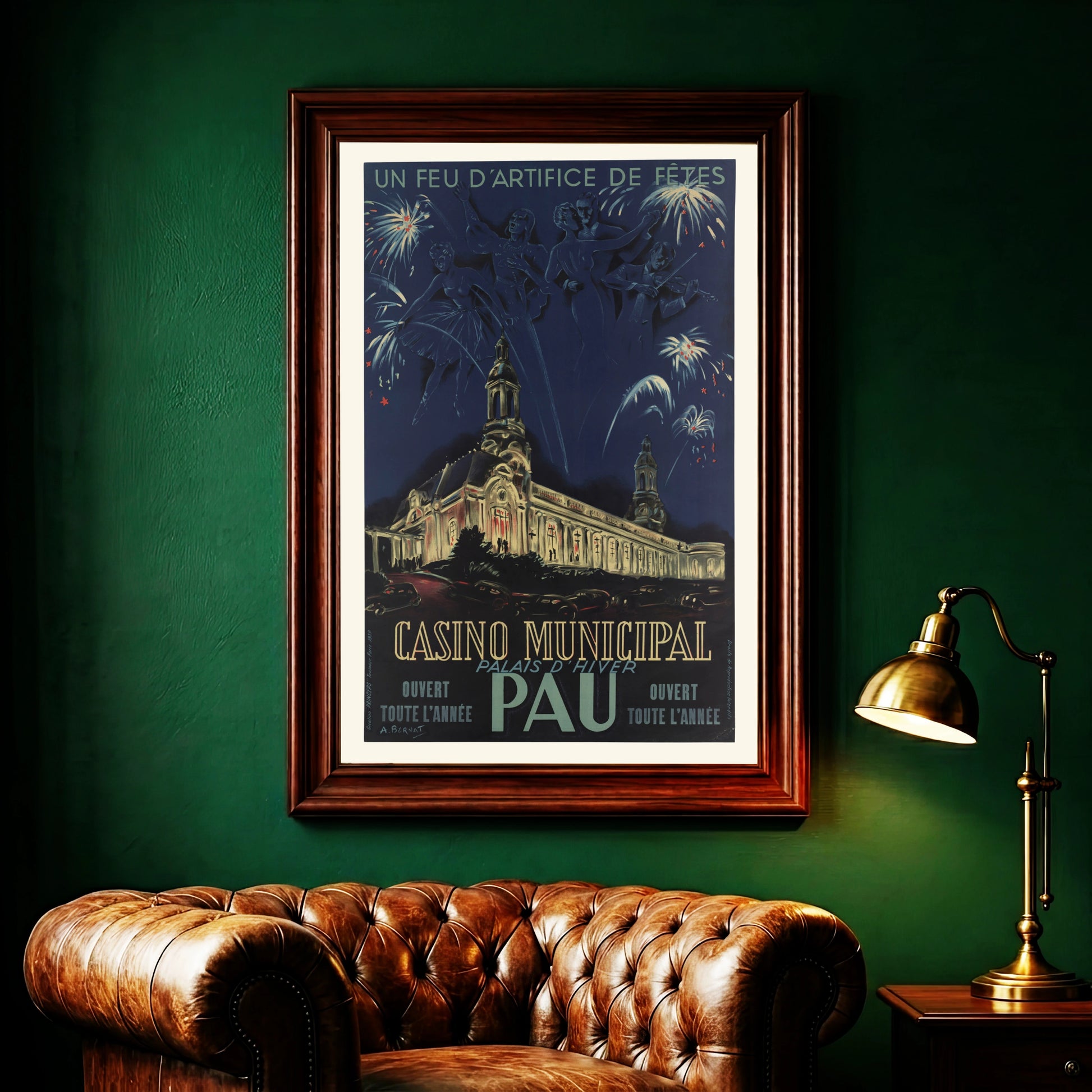 Nächtliche Ansicht des Palais d’Hiver in Pau auf einem illustrativen Werbeplakat von A. Bernat.