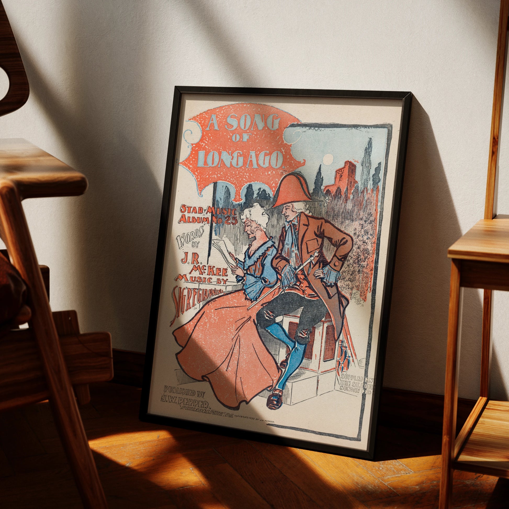 Vintage Musik-Poster A Song of Long Ago von 1899 mit einem Paar in historischer Kleidung.