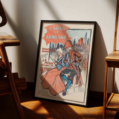 Vintage Musik-Poster A Song of Long Ago von 1899 mit einem Paar in historischer Kleidung.