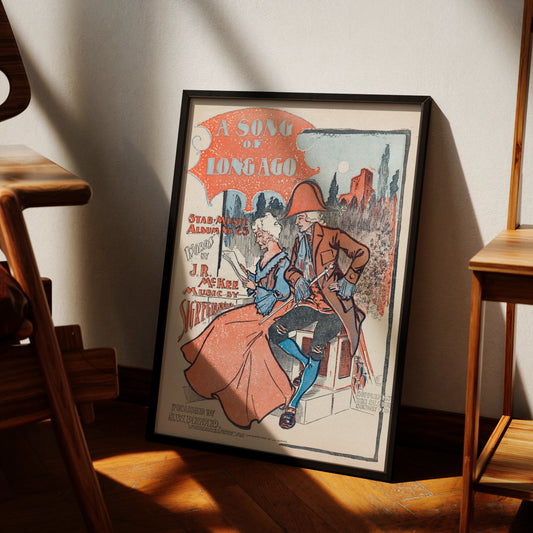 Vintage Musik-Poster A Song of Long Ago von 1899 mit einem Paar in historischer Kleidung.