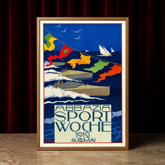 Vintage Poster der Abbazia Sportwoche 1912 mit Motorbooten auf blauem Meer
