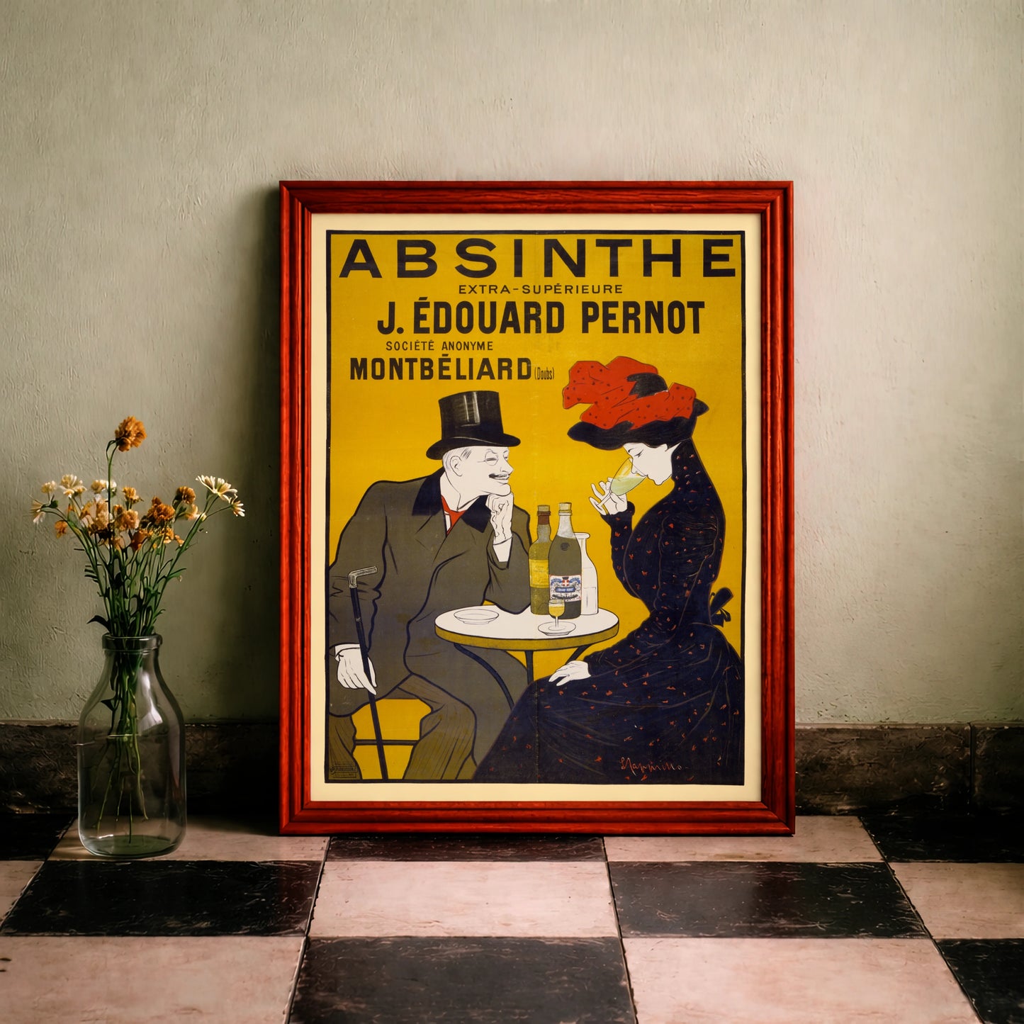 Vintage Plakat Absinthe J. Édouard Pernot von Leonetto Cappiello auf gelbem Hintergrund.