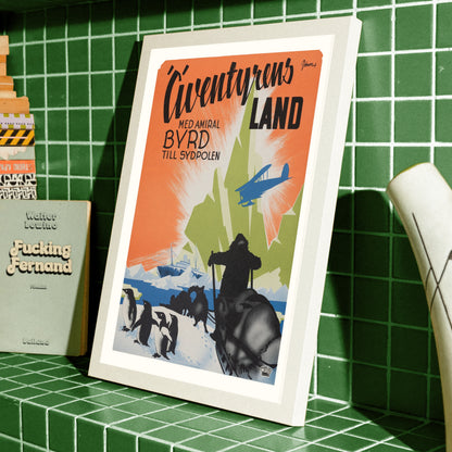 Schwedisches Filmplakat von 1930 zeigt Flugzeug und Eisberge am Südpol.
