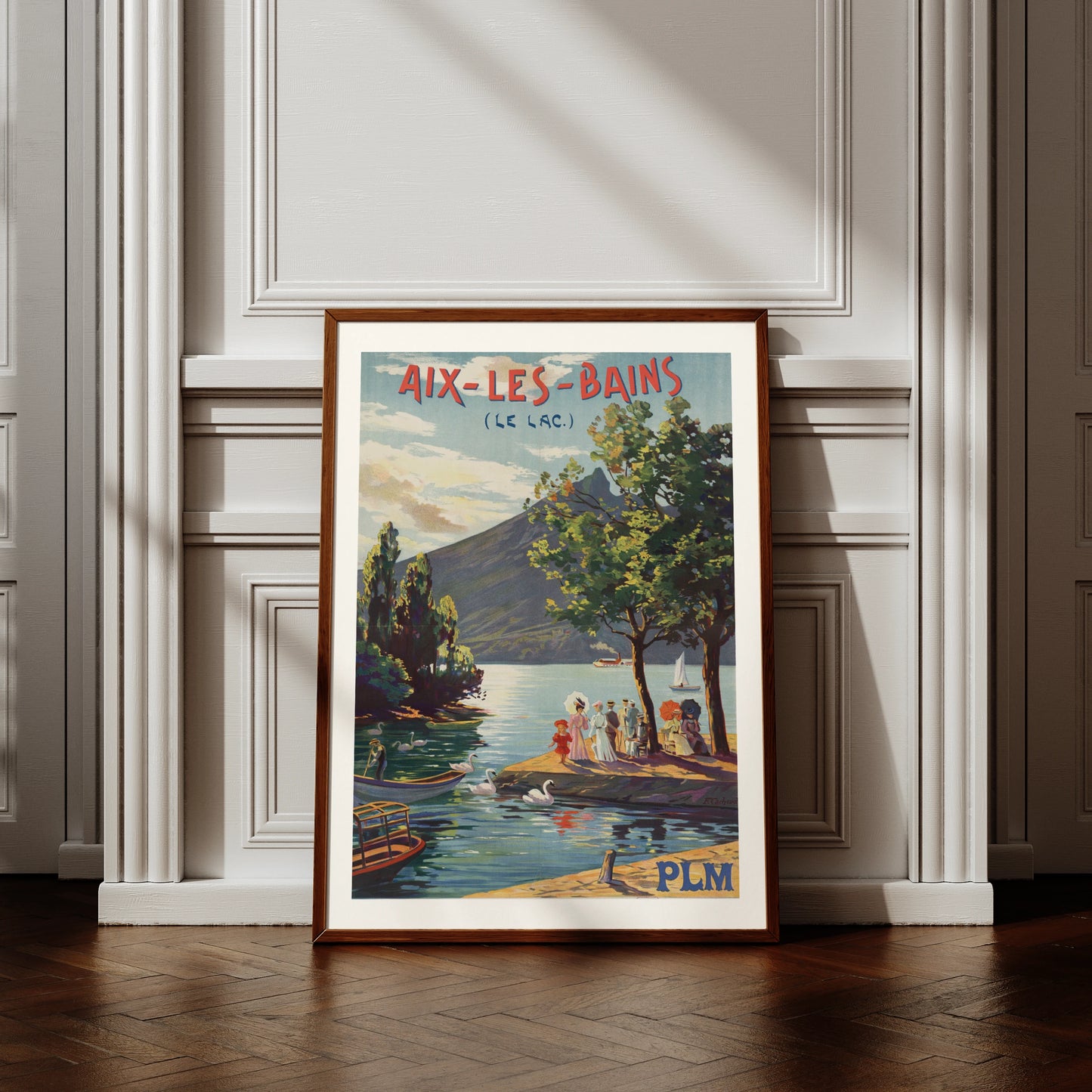 Uferpromenade von Aix-les-Bains am See im Jahr 1906 mit eleganten Personen und Schwänen.