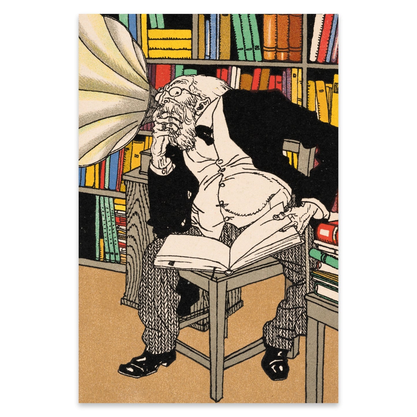 Retro-Poster eines Gelehrten bei der Arbeit, Grafik von Moriz Jung.