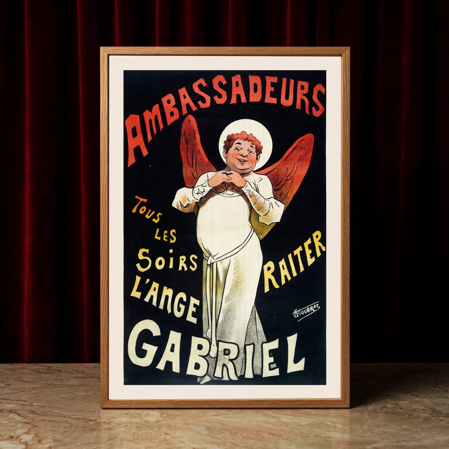 Vintage Plakat von Alfred Choubrac zeigt einen korpulenten Engel für das Varieté Ambassadeurs.