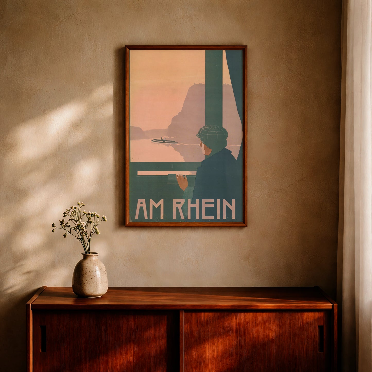 Vintage Poster mit dem Titel Am Rhein von Osmar Schindler 1897 zeigt eine Person am Fenster mit Blick auf ein Schiff.