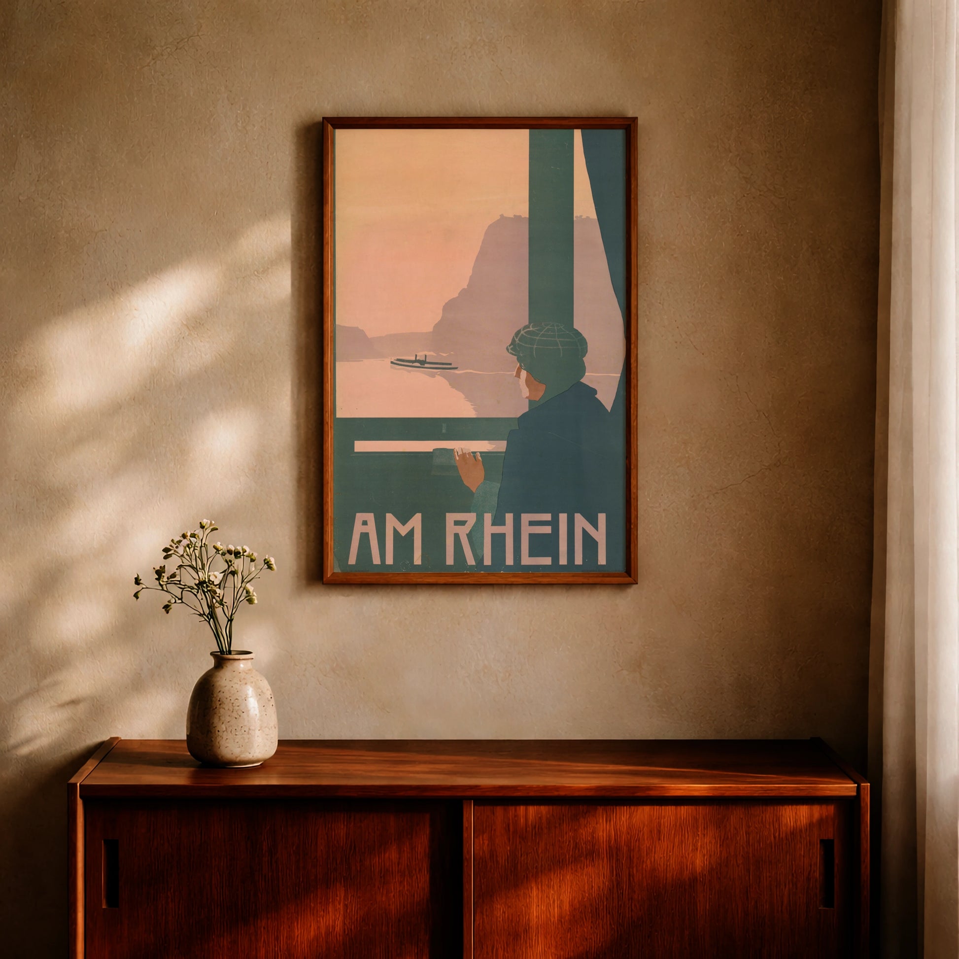 Vintage Poster mit dem Titel Am Rhein von Osmar Schindler 1897 zeigt eine Person am Fenster mit Blick auf ein Schiff.
