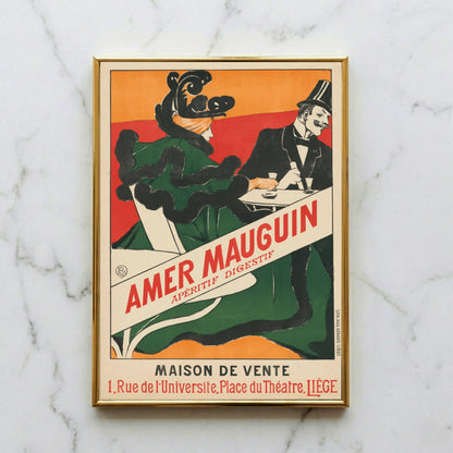 Amer Mauguin Werbeplakat von 1895 mit einer eleganten Frau in Grün und einem Herrn mit Zylinder.