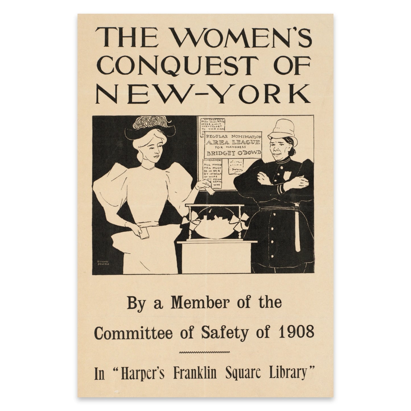 Satirisches Poster zur Frauenrechtsbewegung und gesellschaftlichen Veränderung in New York um 1900.