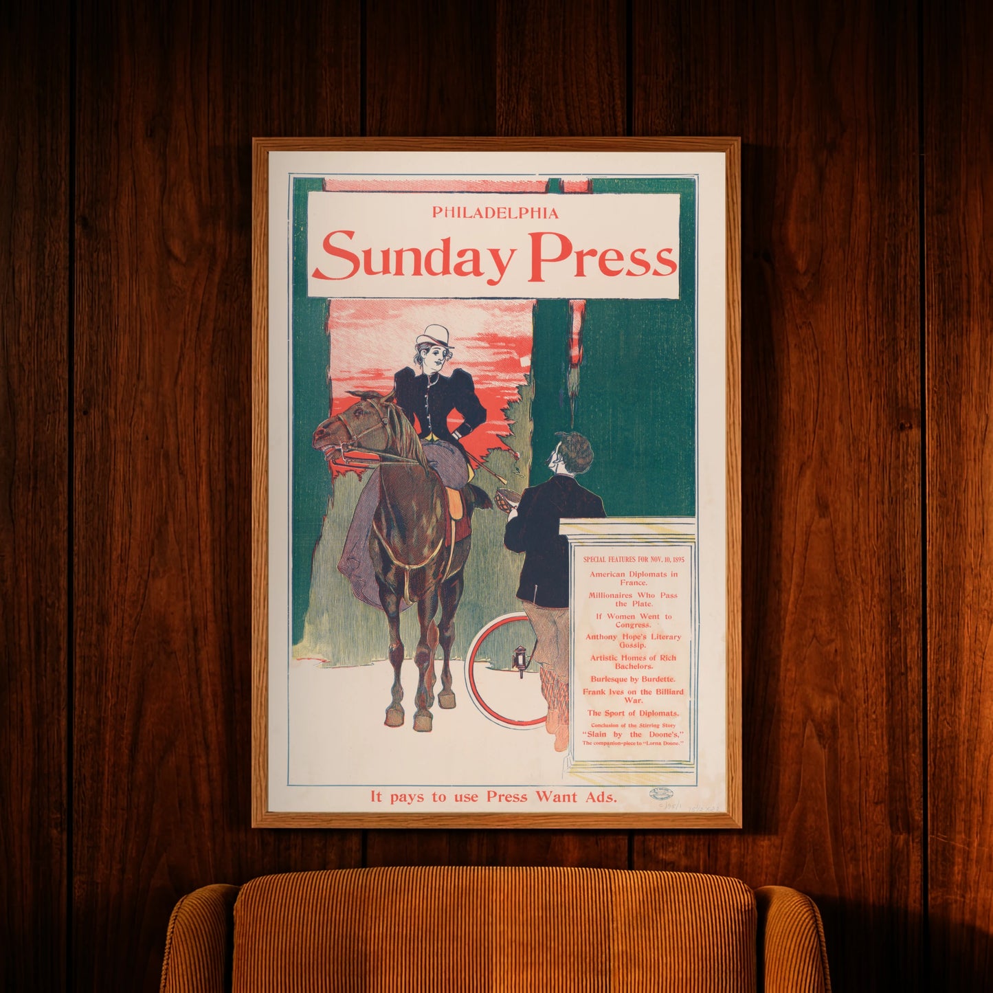 Historische Zeitungsannonce der Sunday Press von 1895 im Art Nouveau Stil.