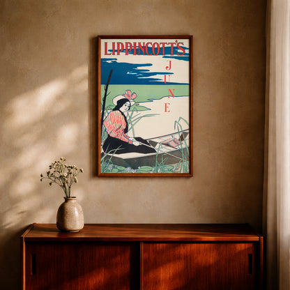 Grafisches Poster im Jugendstil mit einer lesenden Frau auf einem See.