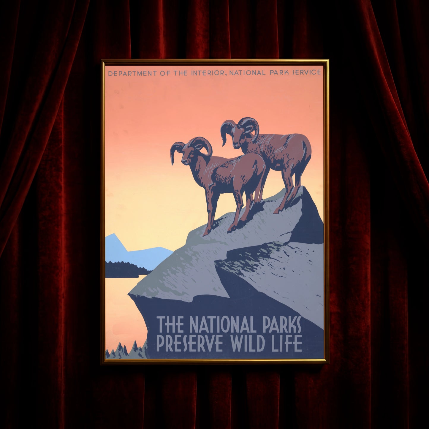 Zwei Widder Poster im Siebdruckstil der 30er Jahre National Park Service.