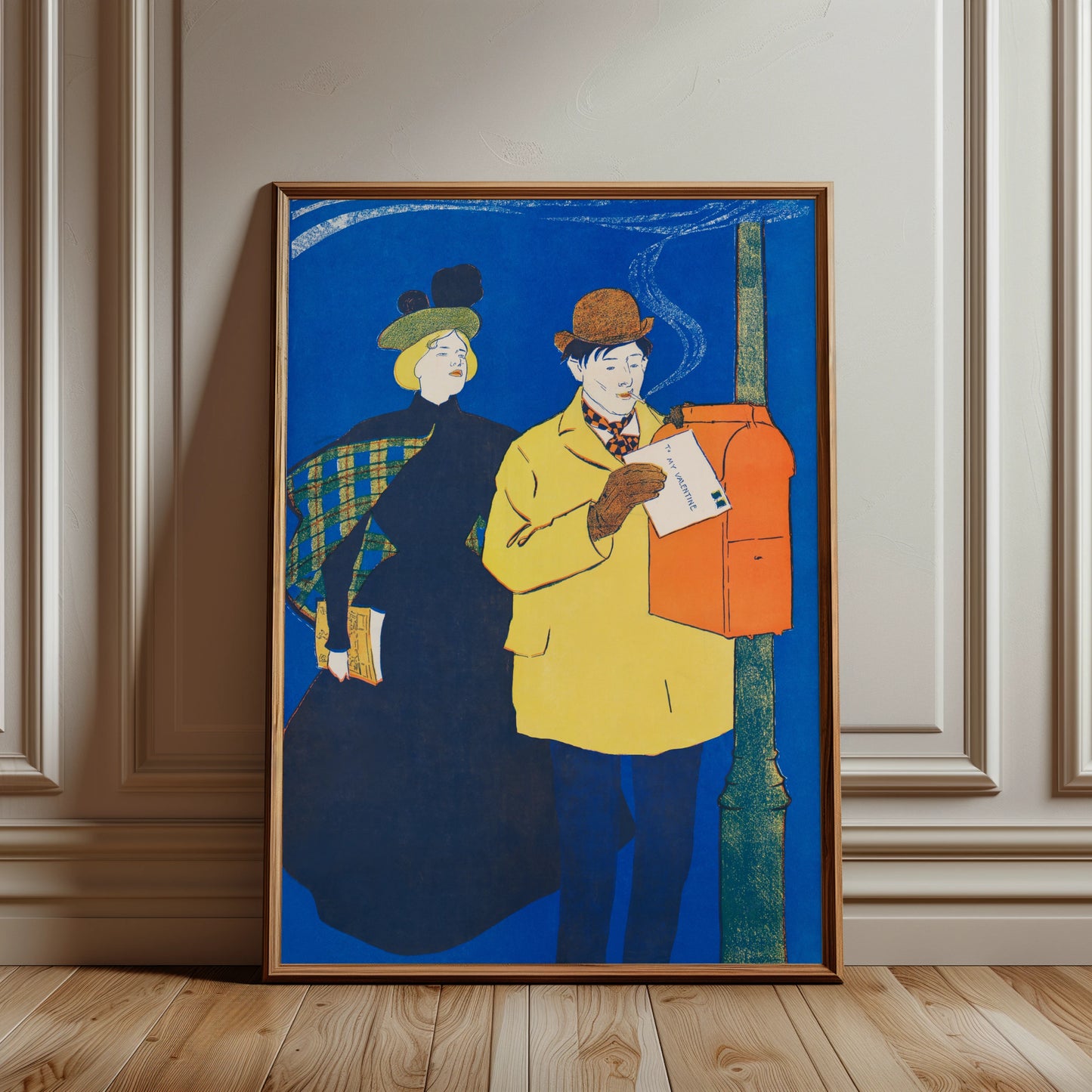 Vintage-Kunstdruck eines Mannes im gelben Mantel, der einen Brief einwirft.