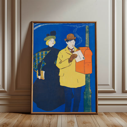 Vintage-Kunstdruck eines Mannes im gelben Mantel, der einen Brief einwirft.