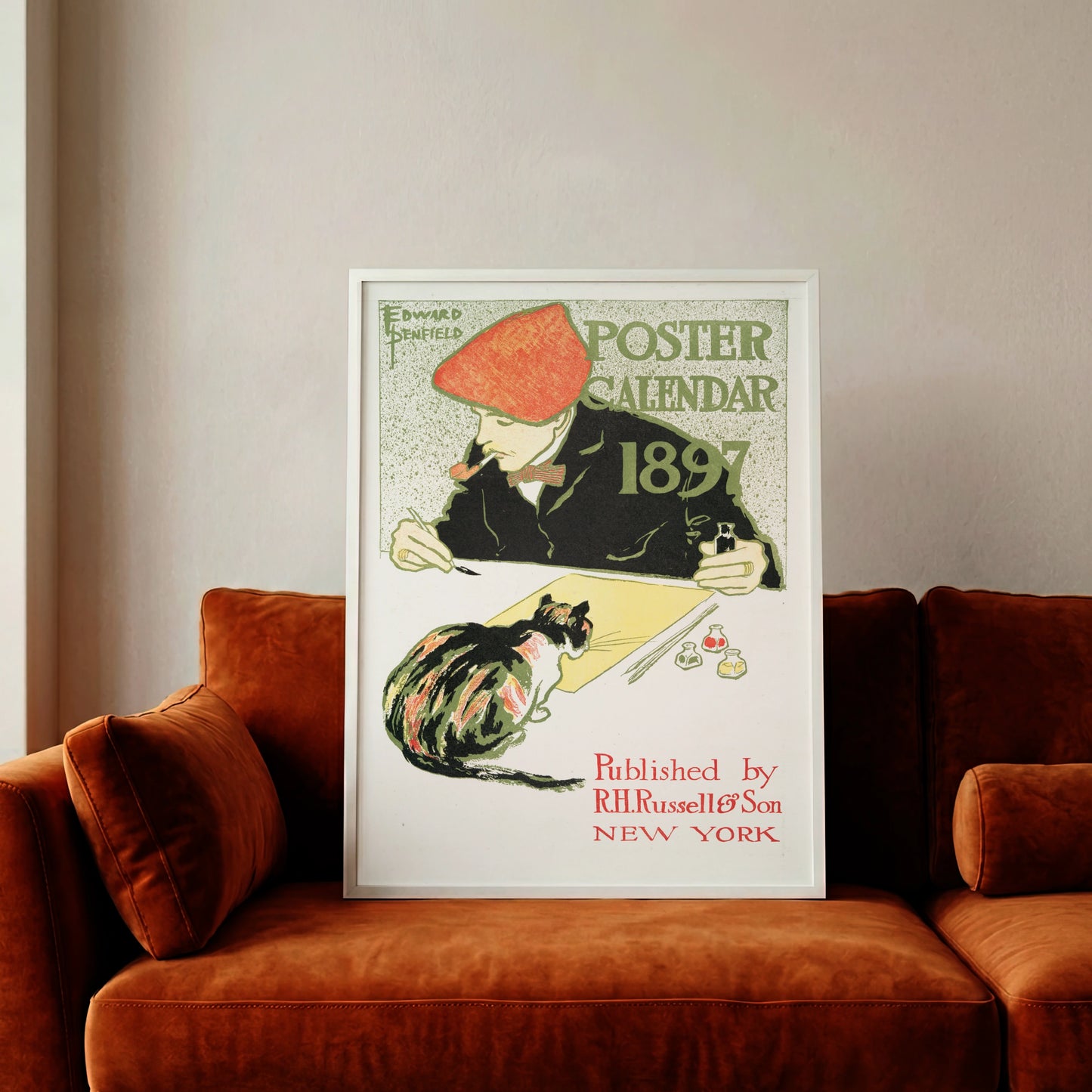 Detailansicht eines Edward Penfield Kunstdrucks mit einer dreifarbigen Katze auf einem Tisch.