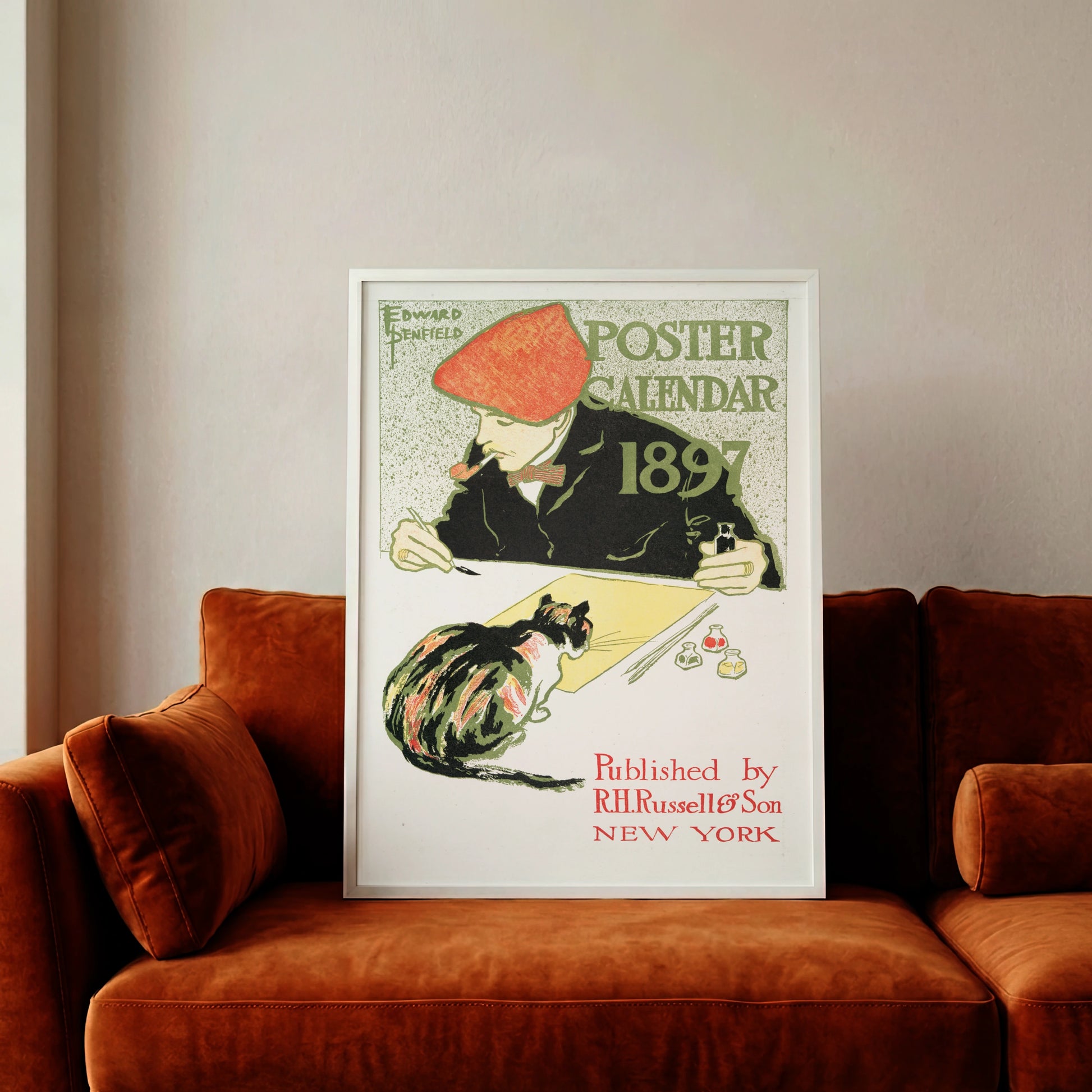 Detailansicht eines Edward Penfield Kunstdrucks mit einer dreifarbigen Katze auf einem Tisch.