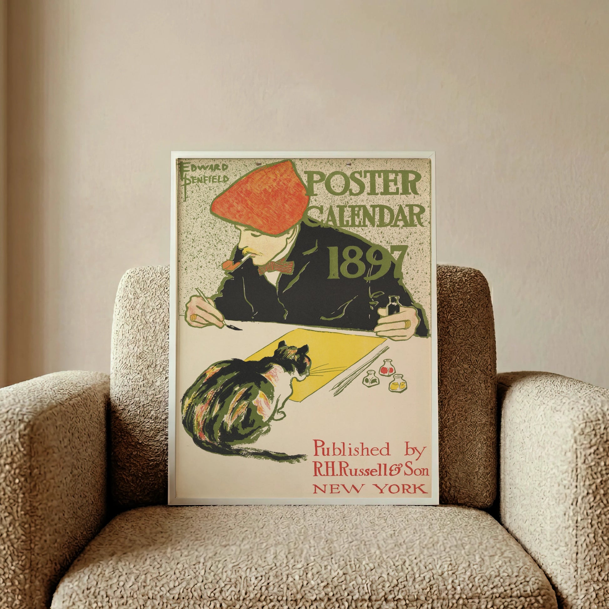 Lithografie-Stil Poster von Edward Penfield mit olivgrüner Typografie 'Poster Calendar 1897'.
