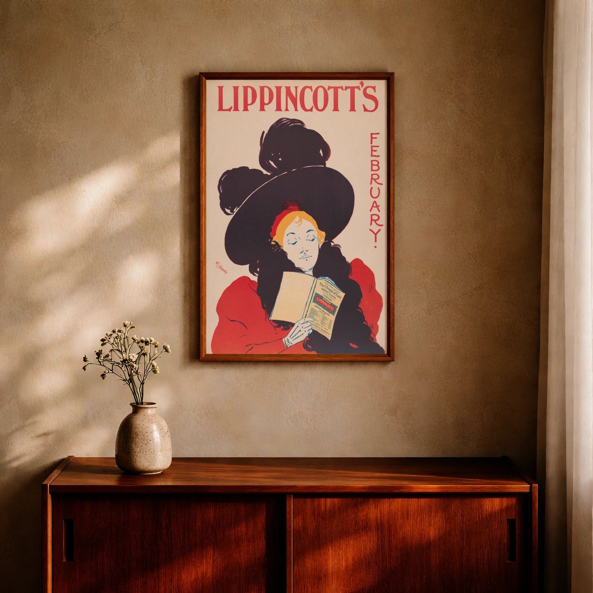 Rotes und beiges Vintage Magazin-Cover Plakat mit eleganter Typografie.