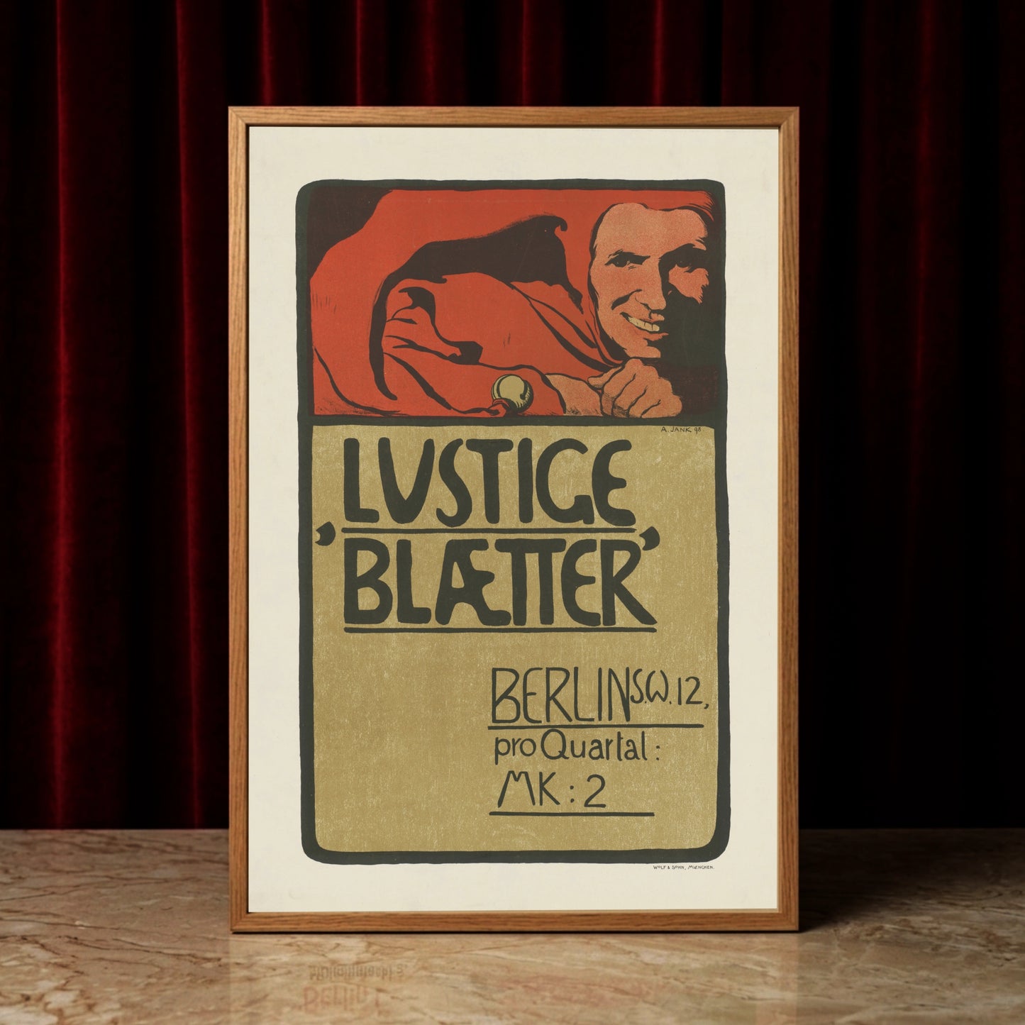 Historisches Werbeplakat im Art Nouveau Stil auf beigem Hintergrund mit roten Akzenten.