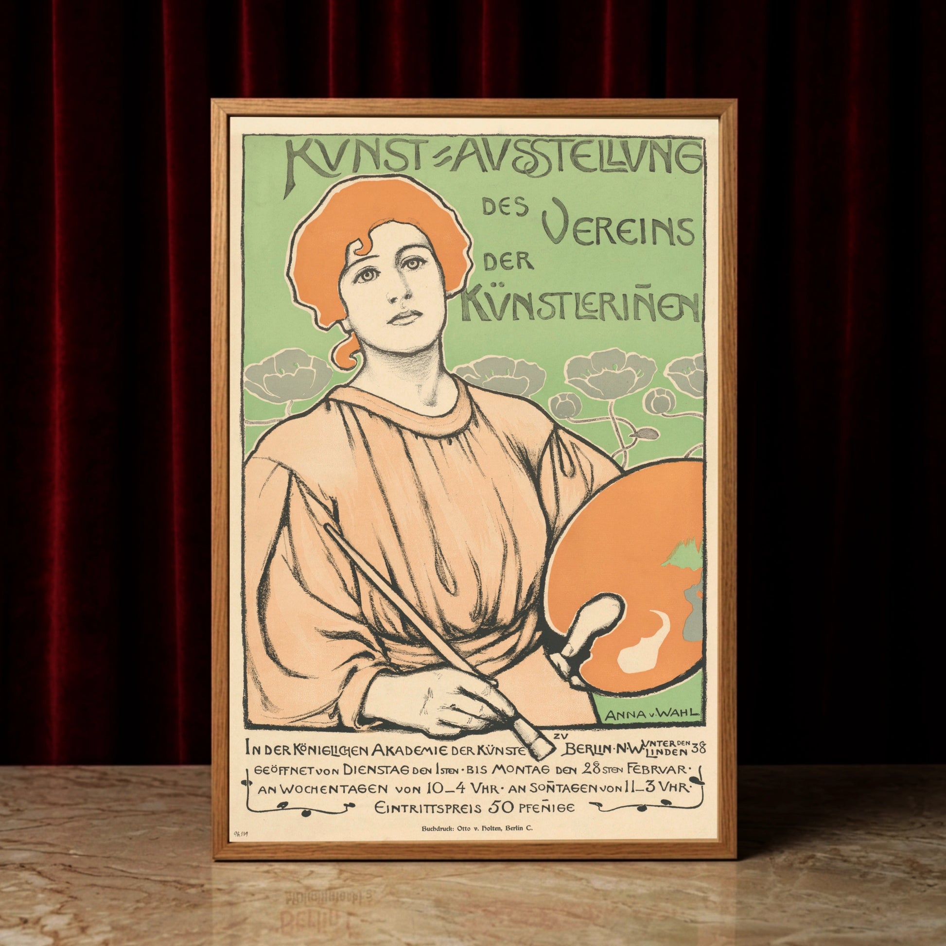 Vintage Ausstellungsplakat von Anna von Wahl 1897 mit einer Malerin und Palette.