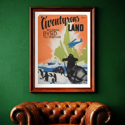 Vintage-Poster zeigt die Expedition von Admiral Byrd zum Südpol im Retro-Stil.