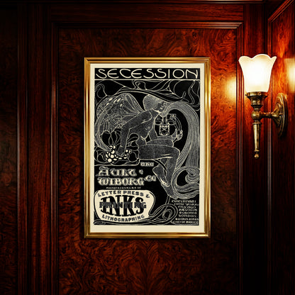 Detailreiche Lithographie einer mystischen Figur mit großen Flügeln und fließendem Haar.