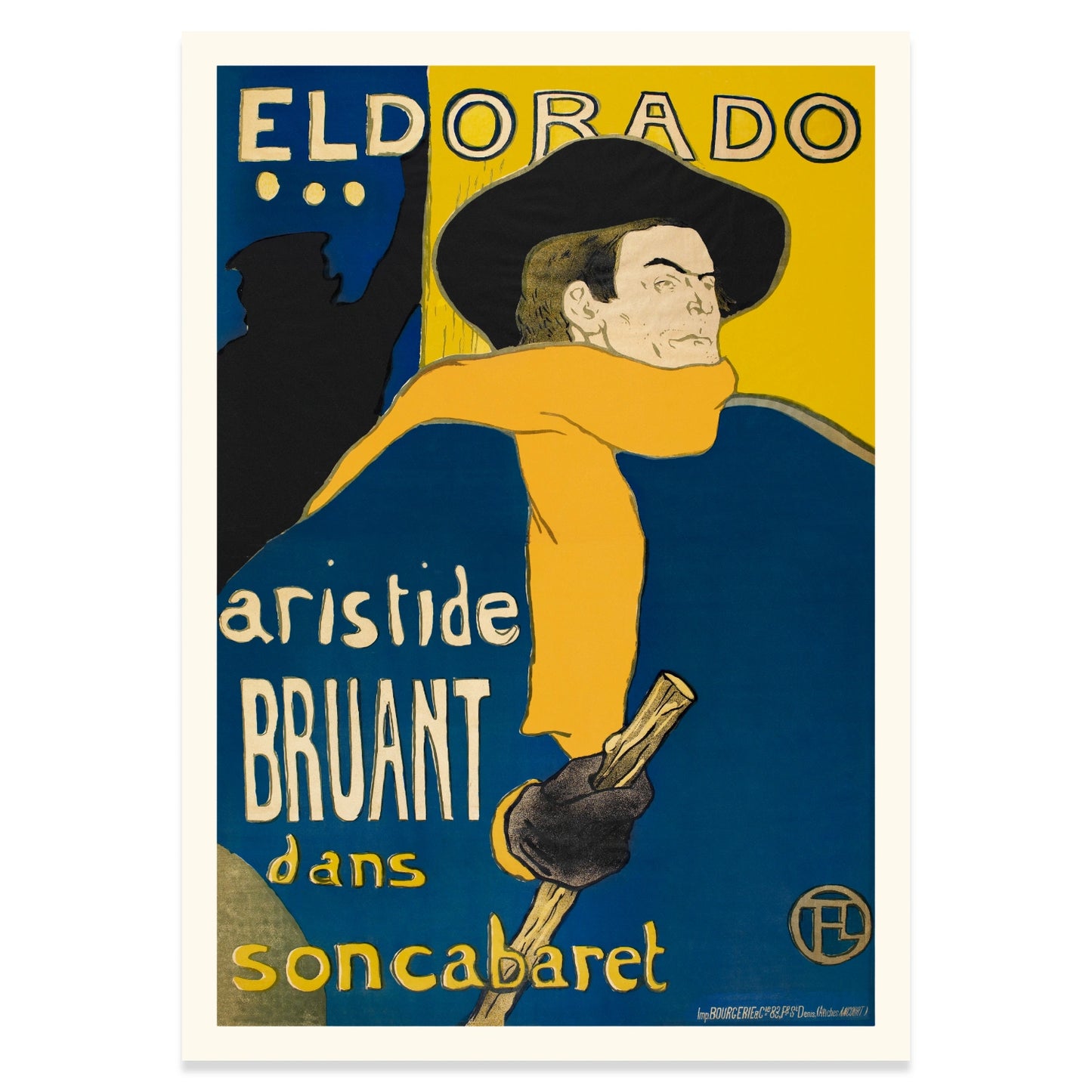 Aristide Bruant mit Hut und Wanderstock auf einem französischen Vintage-Plakat.