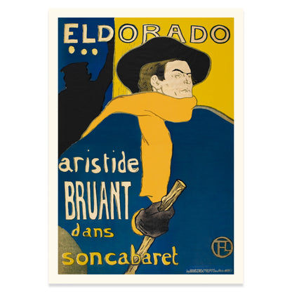 Aristide Bruant mit Hut und Wanderstock auf einem französischen Vintage-Plakat.