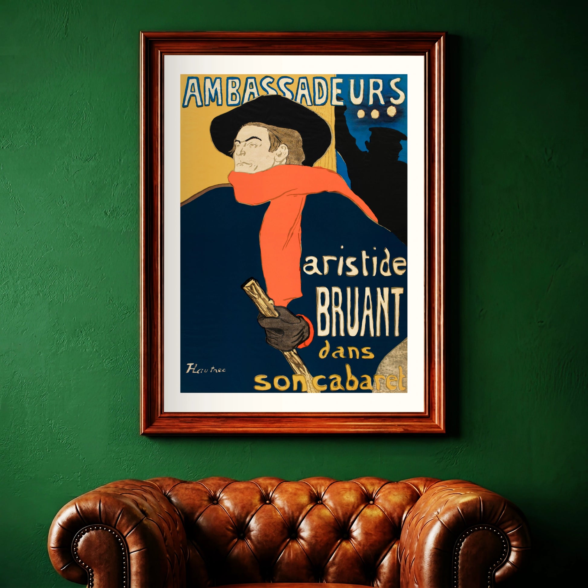 Detailaufnahme der Typografie und Grafik des Toulouse-Lautrec Kunstdrucks Ambassadeurs.