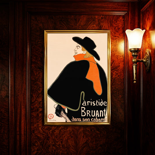 Berühmtes Plakat von Henri de Toulouse-Lautrec zeigt Aristide Bruant mit rotem Schal und schwarzem Hut.
