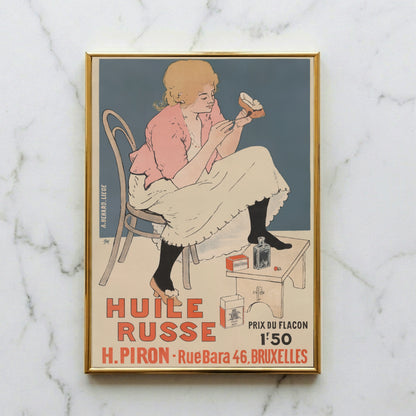 Belgisches Jugendstil-Poster mit einer Frau in rosa Jacke vor blauem Hintergrund.
