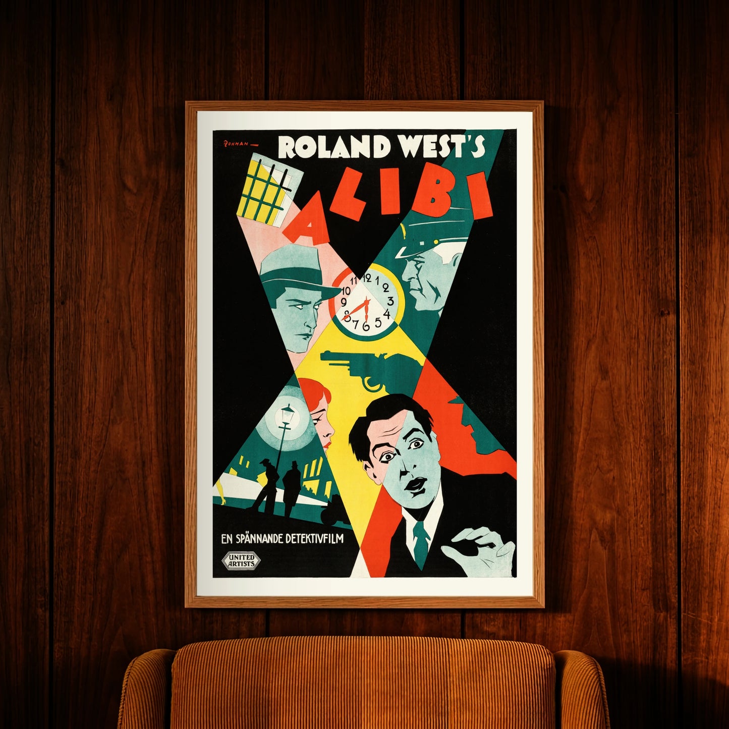 Vintage Filmplakat in Gelb, Rot und Schwarz mit schwedischem Text 'En Spännande Detektivfilm'.