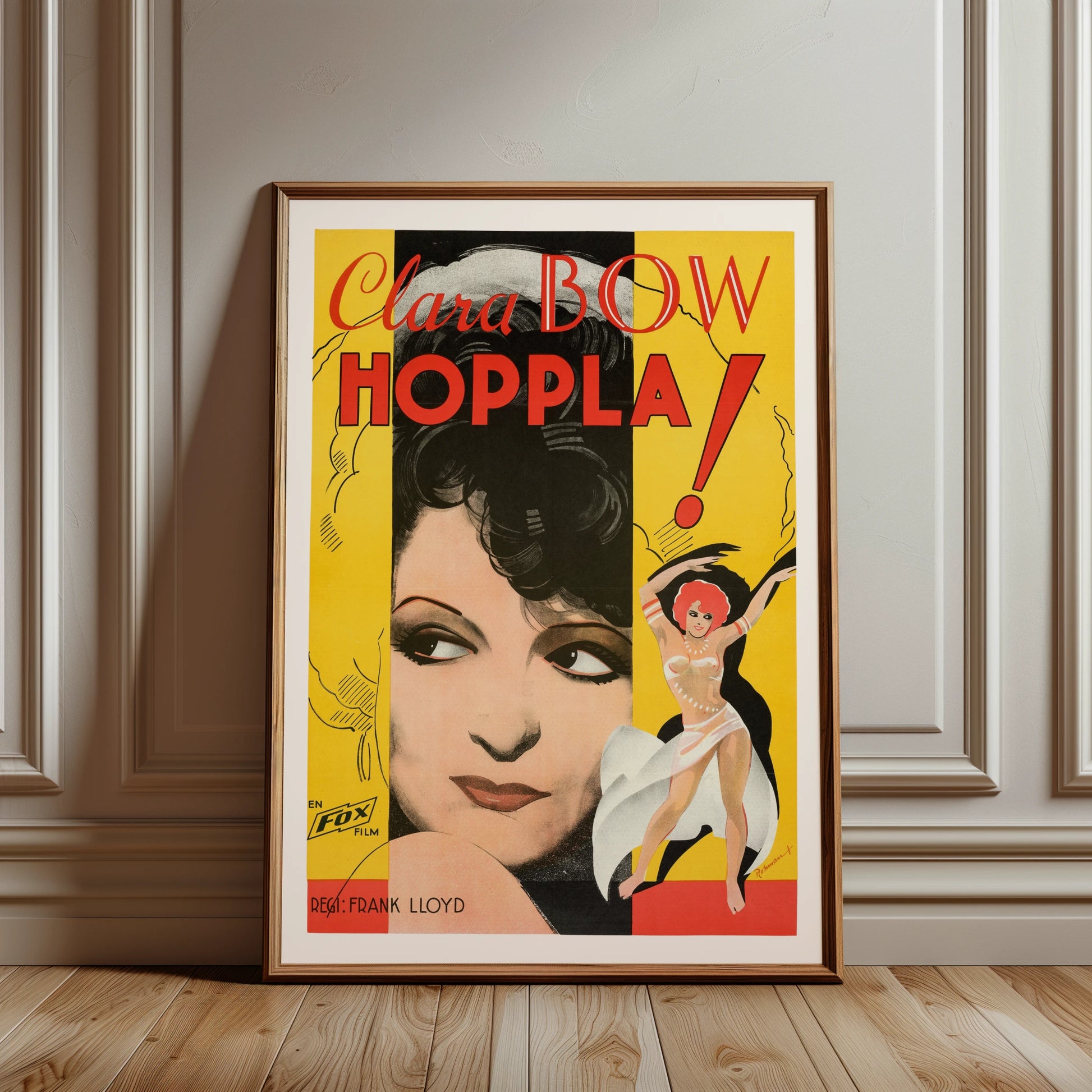 Illustrierte Tänzerin und Porträt von Clara Bow auf historischem Filmposter.