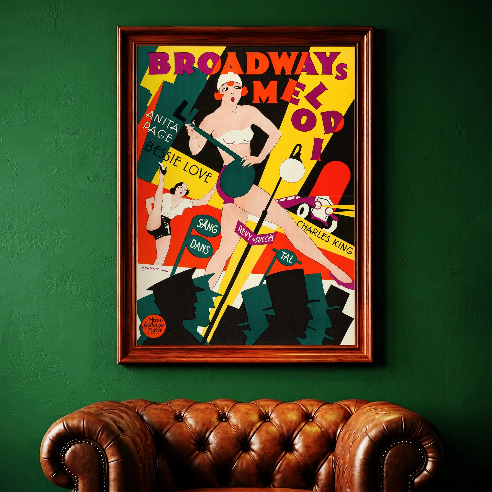 Schwedisches Vintage Poster Broadway Melody mit gelben, roten und schwarzen abstrahierten Hintergründen.