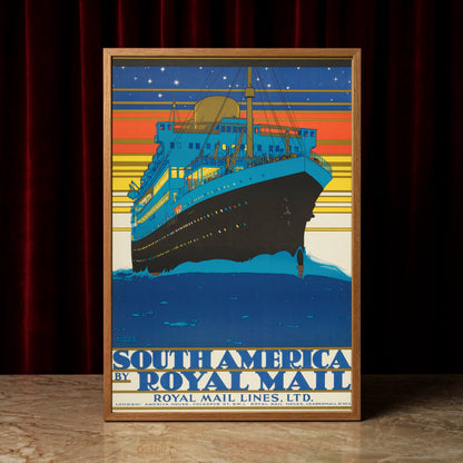 Maritimes Vintage Poster South America mit einem beleuchteten Schiff unter Sternenhimmel.