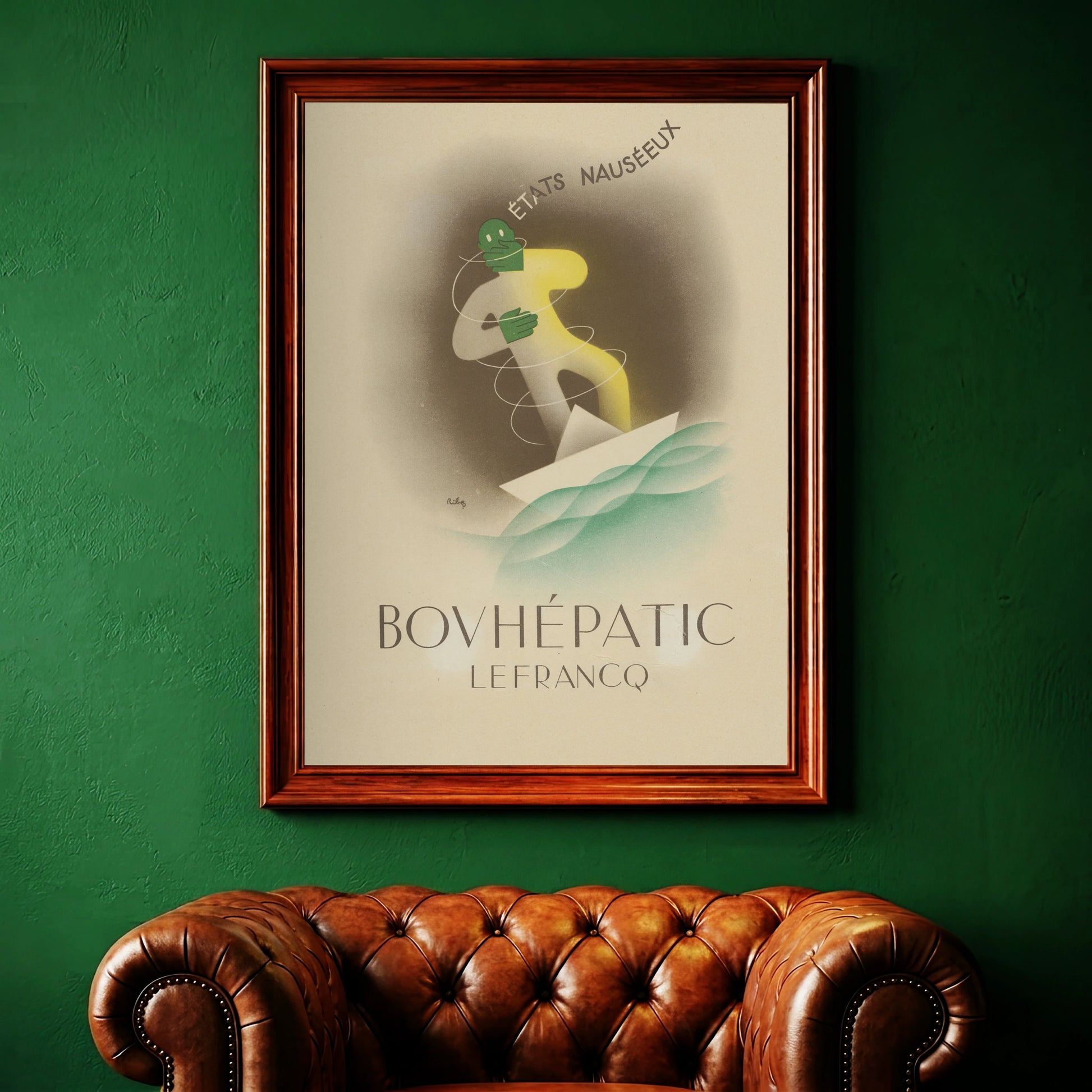 Grafisches Kunstposter mit einem Papierboot und einer schwankenden Figur in Gelb und Grün.