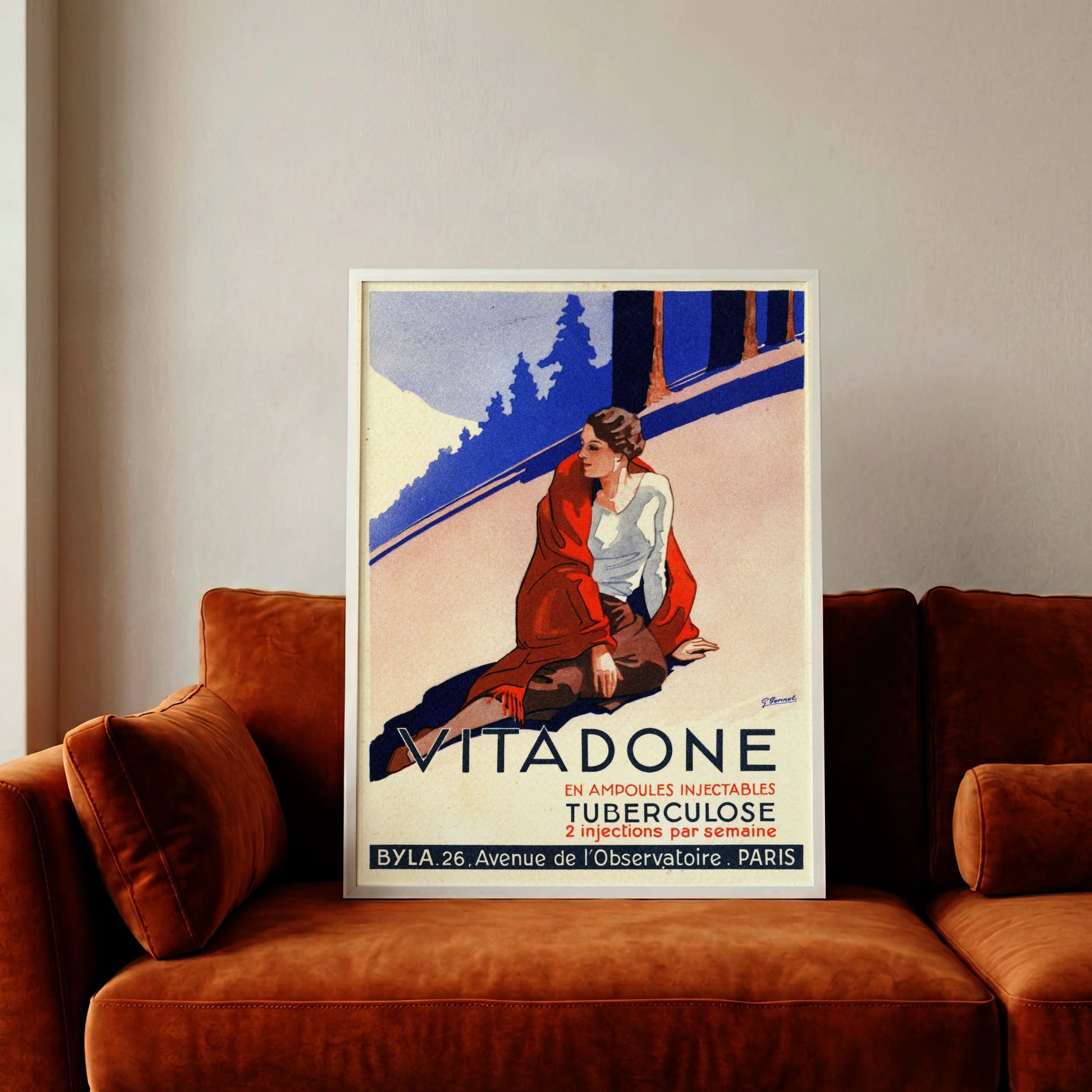 Grafische Darstellung einer Frau im Gebirge auf einem historischen Medizin-Poster.