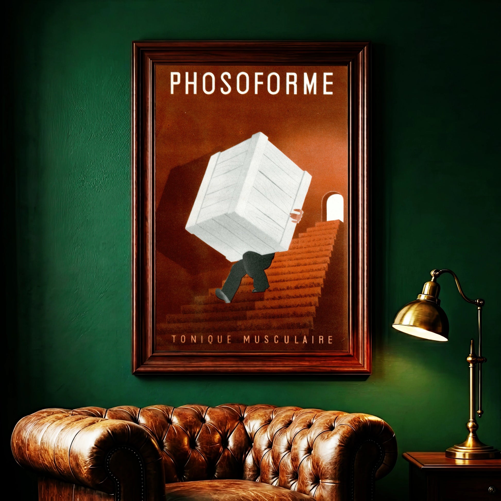 Art Deco inspiriertes Poster in warmen Brauntönen mit dem Schriftzug Phosoforme.