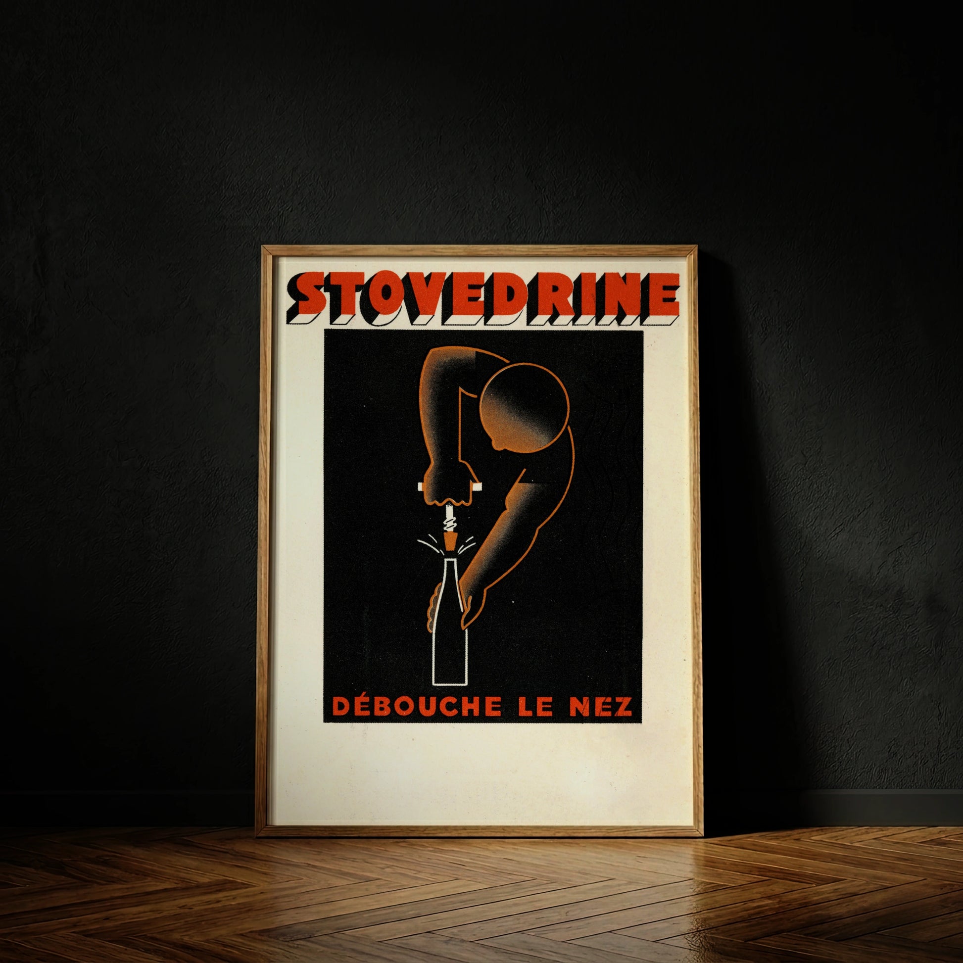 Stilisiertes schwarzes Poster mit der Aufschrift Stovédrine und dem Slogan Débouche le Nez.