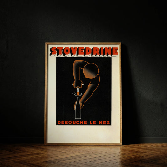 Stilisiertes schwarzes Poster mit der Aufschrift Stovédrine und dem Slogan Débouche le Nez.