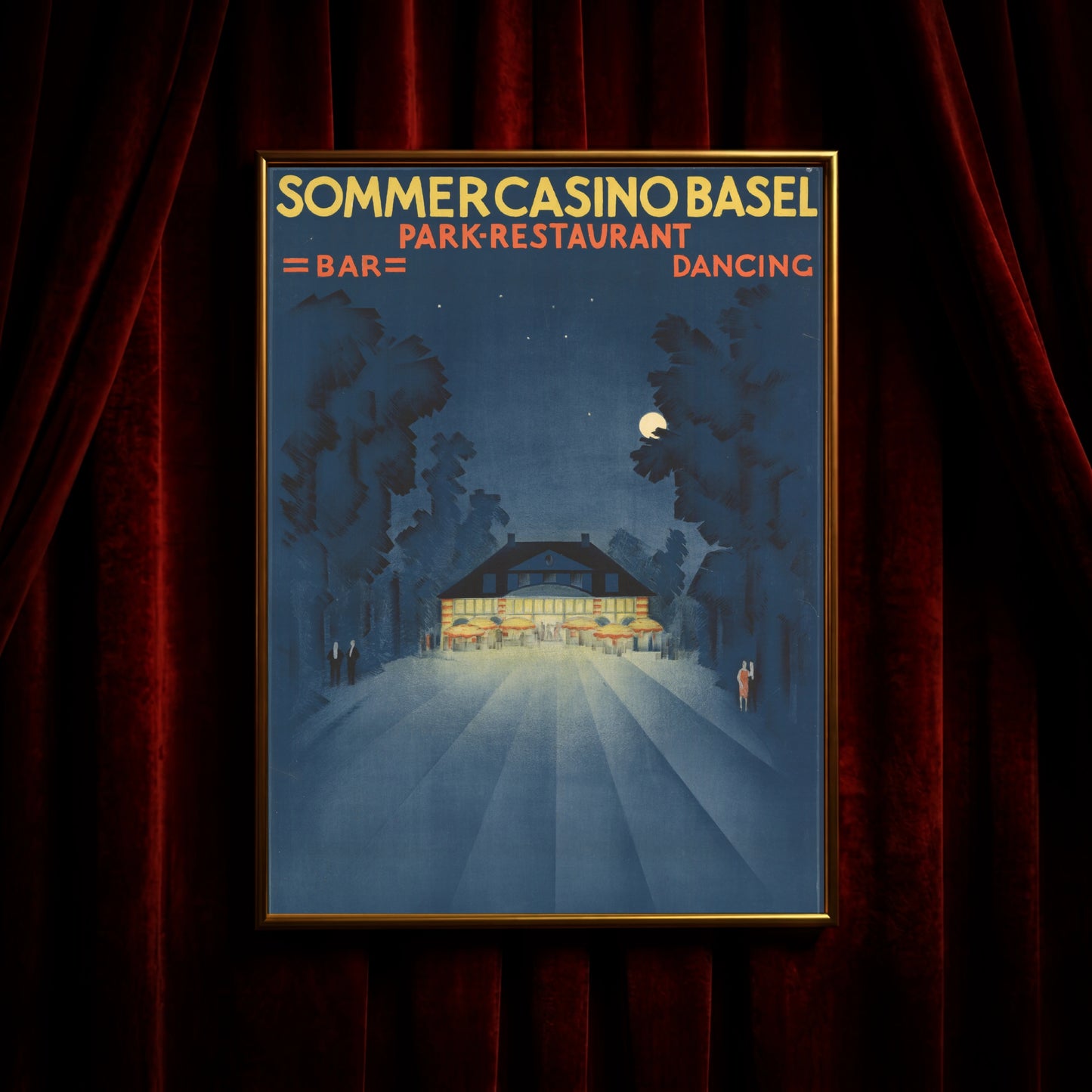 Historisches Grafik-Design von Burkhard Mangold zeigt Tanz und Bar im Sommercasino Basel.