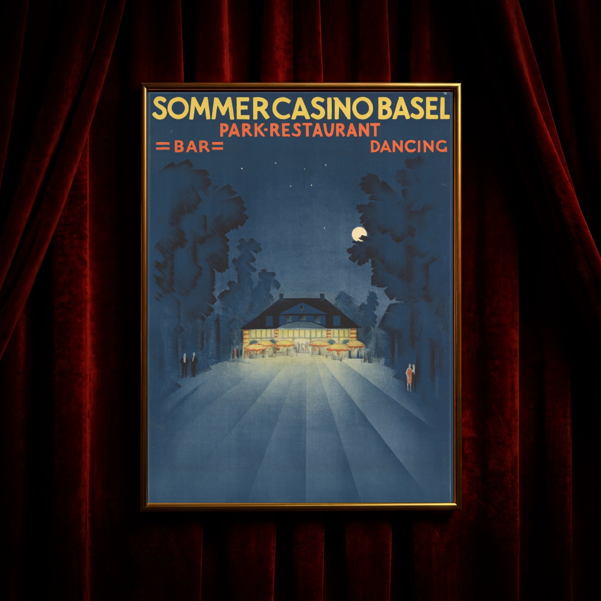 Historisches Grafik-Design von Burkhard Mangold zeigt Tanz und Bar im Sommercasino Basel.